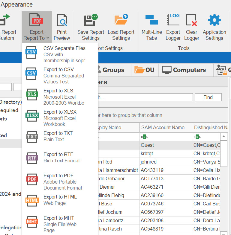 AD Reports export reports