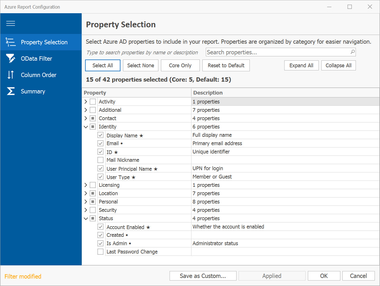 Azure Report Configuration - Property Selection